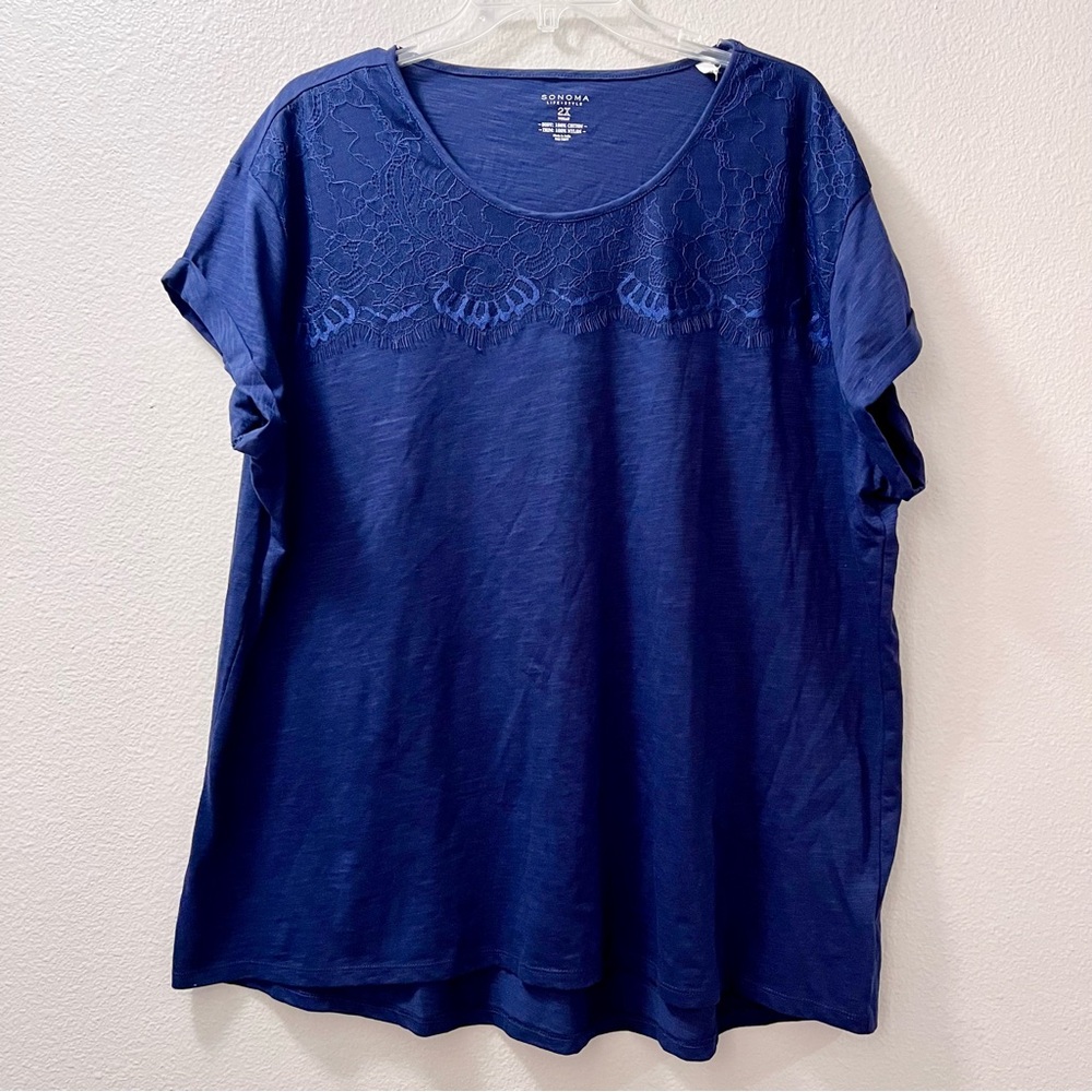 Sonoma Women’s Navy Blue Basic Tee Cotton Short Sleeve Lace Shirt Plus Size 2X